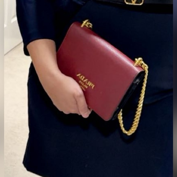Prada Handbags - Prada Maroon Leather Crossbody Bag with Gold Chain